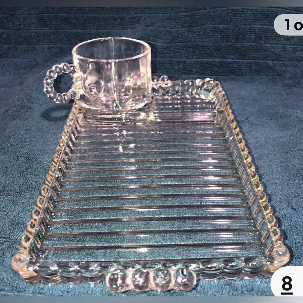 Hazel Atlas Ball & Rib Elegant Clear Glass Smoke Snack & Sip Tray 6 Oz Cup Set